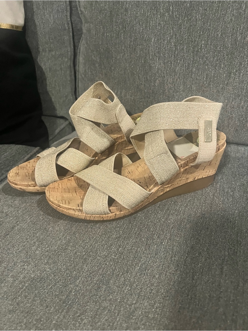 Anne Klein Natural Beige Elastic Crisscross Cork Wedge Sandals